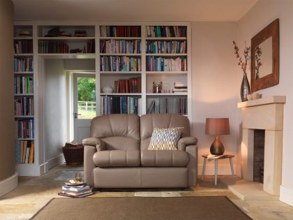 Light brown leather 2 seater sofa sitting in front of shelves of books in a living room setting.
