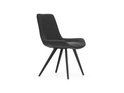 Black bucket seat dining chair with black metal legs with vertical stitching detail.