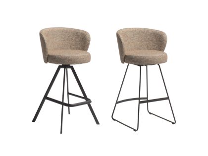 2 natural colour bar stools with a round seat, one with a 4 leg tripod base, and one with a trapeze base.