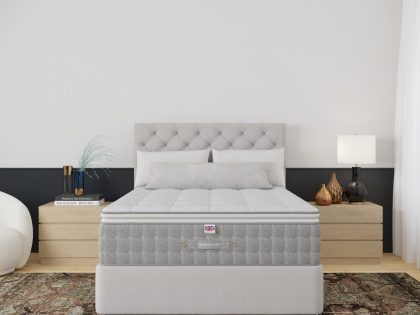 An uncovered mattress on a light grey fabric divan base with matching buttoned headboard, being viewed from the foot end, with oak bedside tables and a brown rug extending across the floor underneath the bed.