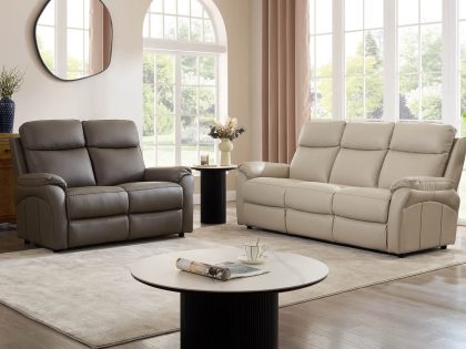 A leather dark grey two‑seater sofa and a lighter cream three‑seater sofa are displayed facing each other in a bright living room with large arched windows, soft curtains, and a round coffee table.