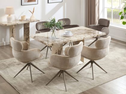 A rectangular marble‑effect dining table is surrounded by six upholstered swivel dining chairs in neutral tones, styled on a light rug with a matching marble console table behind.