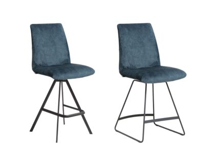 Two blue fabric padded bar stools with black metal bases against a white background, the left with a 4 leg tripod base, and the right with a trapeze base.
