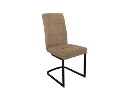 A cantilever mottled taupe fabric dining chair with horizontal stitching against a white background.