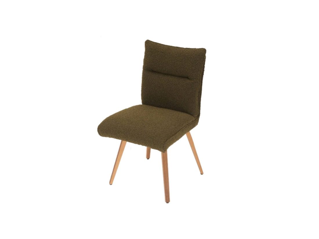 A textured green fabric dining chair with horizontal stitiching and tapered light wooden legs against a white background.