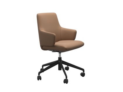 A cushioned batick latte leather office chair with integrated armrests, a low backrest and a black star base with wheels against a white background.