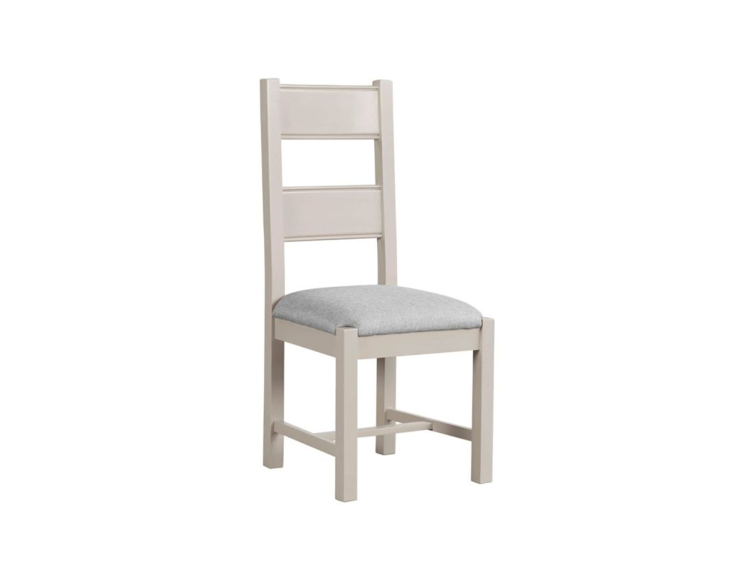 A ladder back grey painted dining chair with a grey fabric seat pad against a white background.