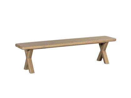 A solid white oak bench with a slender rectangular seat and X-shaped trestle-style legs against a white background.