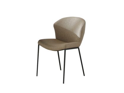 A brown fabric low back dining with a curved back & seat and thin black metal legs.
