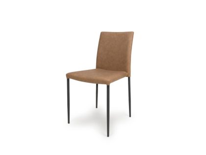 A tan colour faux leather dining chair with four slim straight black metal legs against a white background.