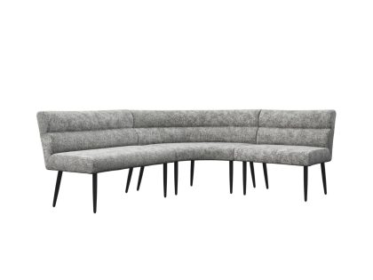 A grey fabric padded curved corner bench with thirteen slim black legs.