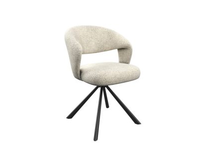 A champagne colour fabric dining chair with a curved wraparound backrest and a 4 leg tripod black metal base.