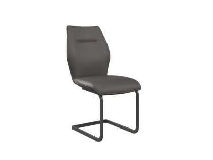 A dark grey faux leather dining chair featuring a slightly contoured back with horizontal stitching and black metal cantilever legs.