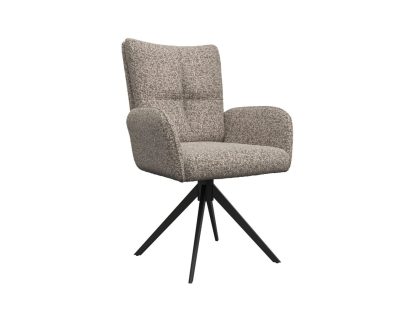 An oatmeal colour fabric dining chair with thin arms, cross shape stitching on the chair back, and a black 4 leg tripod base.